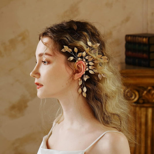Elf Ear Cuff Fairy Single Left Handmade Non Piercing Earring for Women (Golden Leaves)