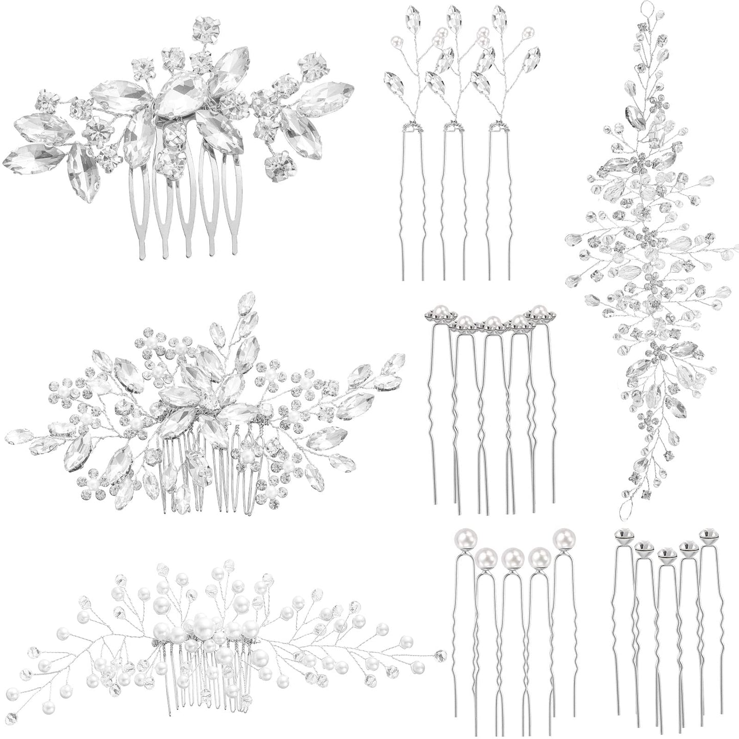 Maitys 44 Pieces Wedding Hair Accessories Faux Pearl Crystal Comb Clips U-shaped Flower Rhinestone Silver Pearl Hair Pieces for Prom Bride Bridesmaid(Delicate Style)
