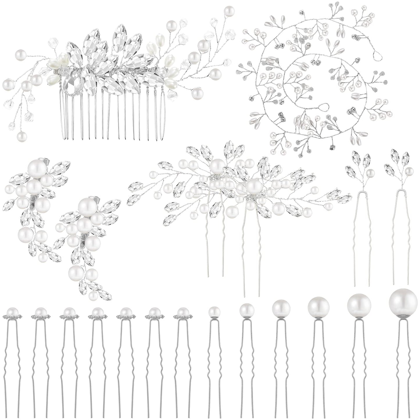 Maitys 44 Pieces Wedding Hair Accessories Faux Pearl Crystal Comb Clips U-shaped Flower Rhinestone Silver Pearl Hair Pieces for Prom Bride Bridesmaid(Delicate Style)