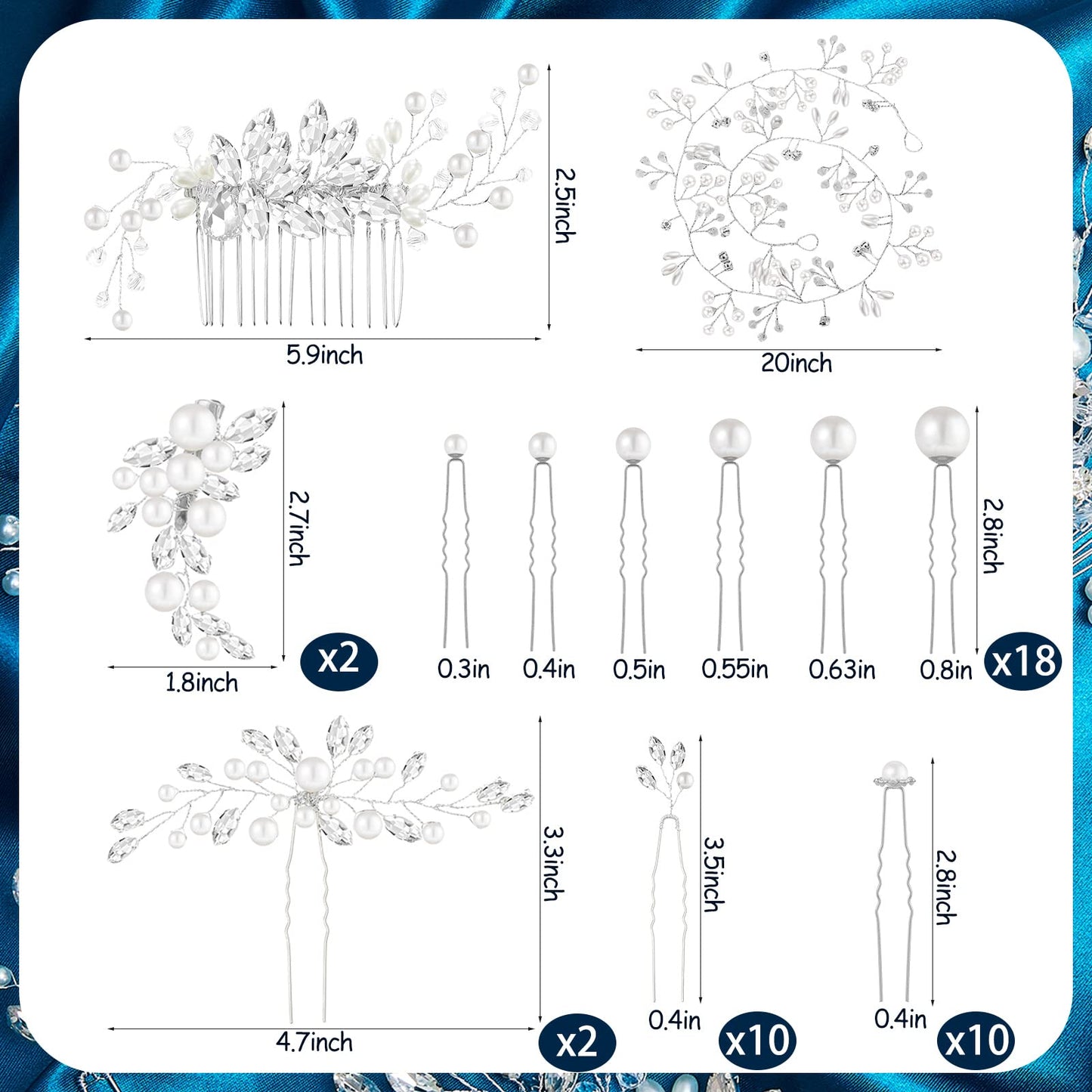 Maitys 44 Pieces Wedding Hair Accessories Faux Pearl Crystal Comb Clips U-shaped Flower Rhinestone Silver Pearl Hair Pieces for Prom Bride Bridesmaid(Delicate Style)