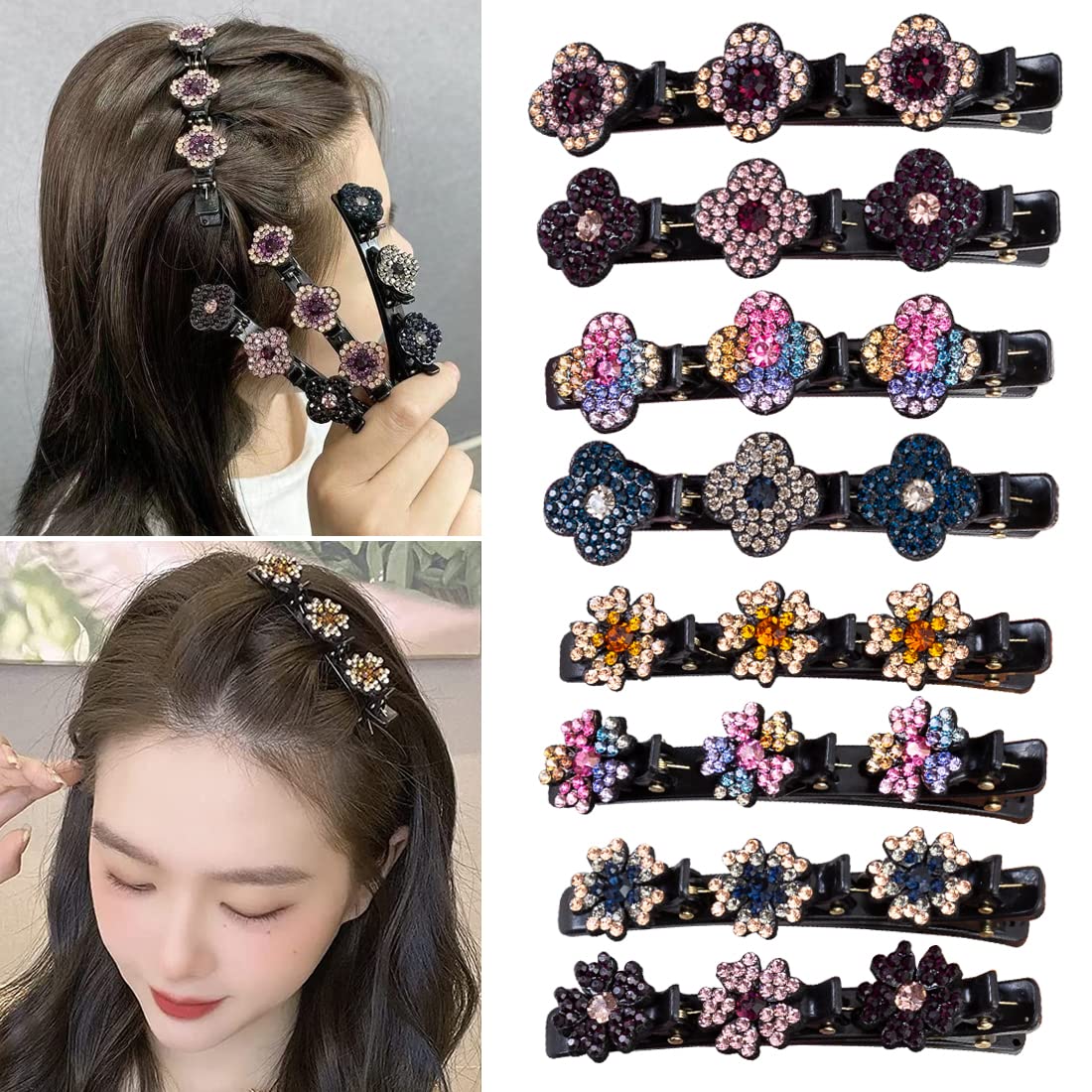 Sparkling Crystal Stone Braided Hair Clover Clips for Thick Thin Hair, Girls/Women Hair Accessories for Styling Sectioning, Large, 8 Pcs