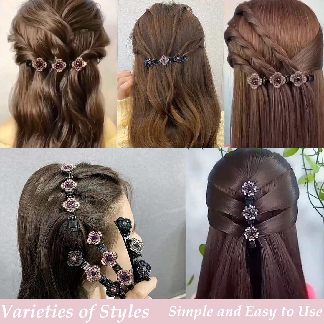 Sparkling Crystal Stone Braided Hair Clover Clips for Thick Thin Hair, Girls/Women Hair Accessories for Styling Sectioning, Large, 8 Pcs
