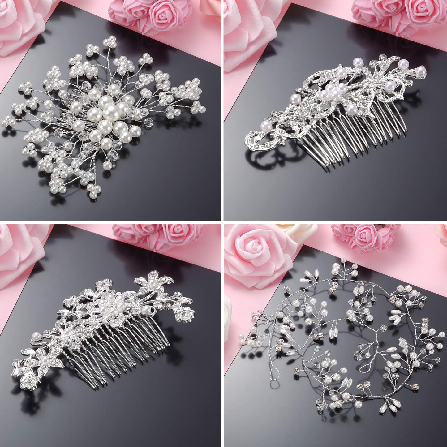 Maitys 44 Pieces Wedding Hair Accessories Faux Pearl Crystal Comb Clips U-shaped Flower Rhinestone Silver Pearl Hair Pieces for Prom Bride Bridesmaid(Delicate Style)