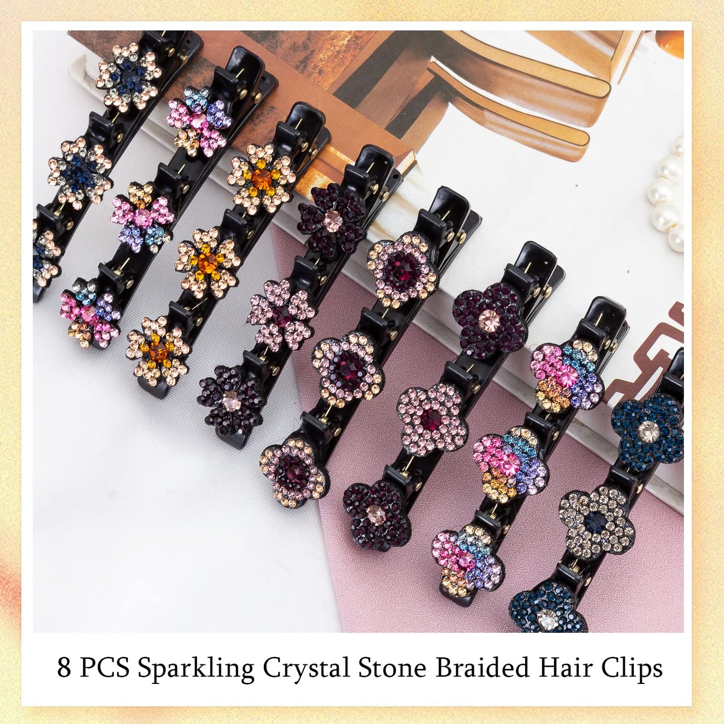 Sparkling Crystal Stone Braided Hair Clover Clips for Thick Thin Hair, Girls/Women Hair Accessories for Styling Sectioning, Large, 8 Pcs