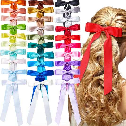 30 Pcs Satin Hair Bows Bulk for Women Silky Satin Hair Clip Bow Knot Ponytail Holder Slides with Long Tails French Barrette Metal Clips Pins Ribbon Accessories