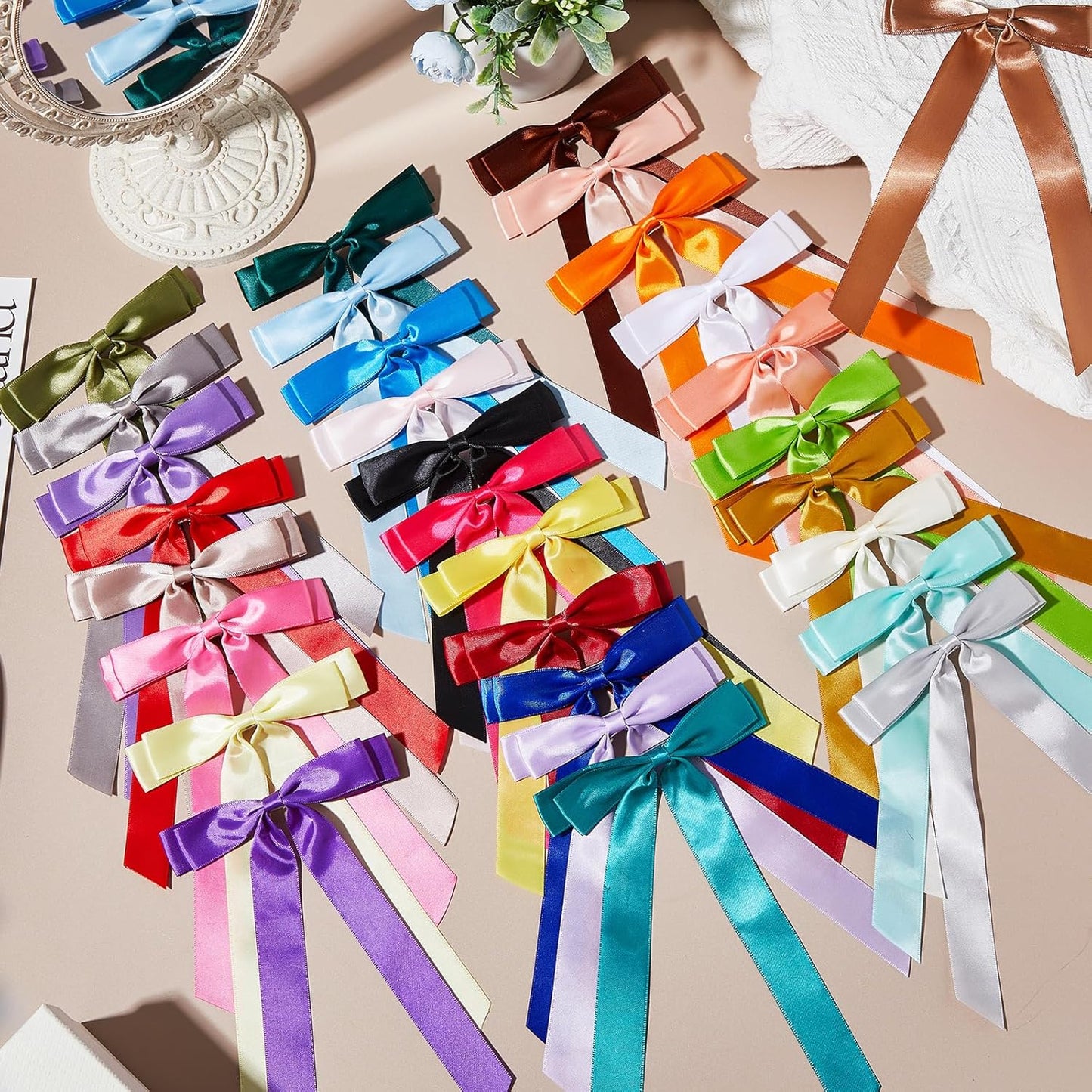 30 Pcs Satin Hair Bows Bulk for Women Silky Satin Hair Clip Bow Knot Ponytail Holder Slides with Long Tails French Barrette Metal Clips Pins Ribbon Accessories