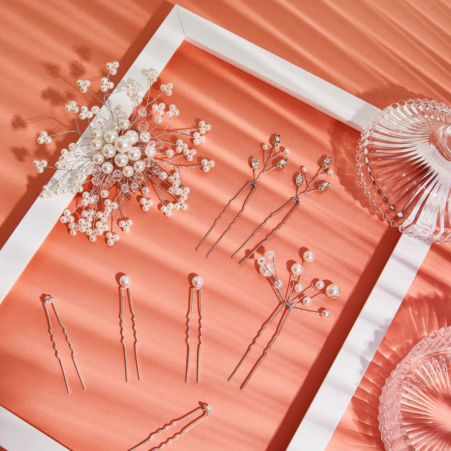 Maitys 44 Pieces Wedding Hair Accessories Faux Pearl Crystal Comb Clips U-shaped Flower Rhinestone Silver Pearl Hair Pieces for Prom Bride Bridesmaid(Delicate Style)