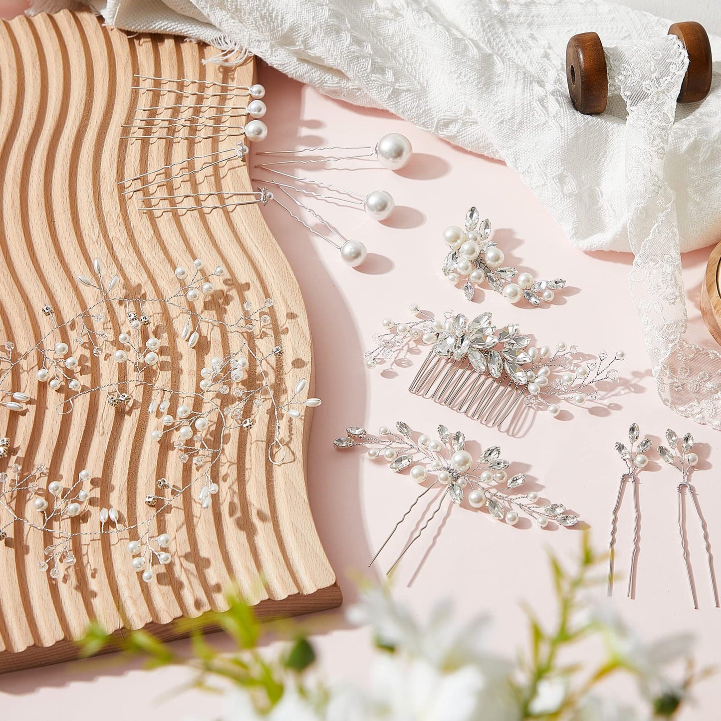 Maitys 44 Pieces Wedding Hair Accessories Faux Pearl Crystal Comb Clips U-shaped Flower Rhinestone Silver Pearl Hair Pieces for Prom Bride Bridesmaid(Delicate Style)