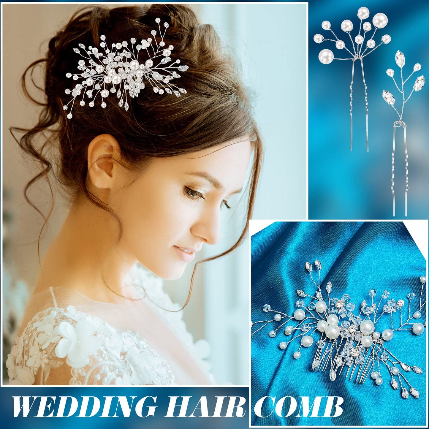 Maitys 44 Pieces Wedding Hair Accessories Faux Pearl Crystal Comb Clips U-shaped Flower Rhinestone Silver Pearl Hair Pieces for Prom Bride Bridesmaid(Delicate Style)