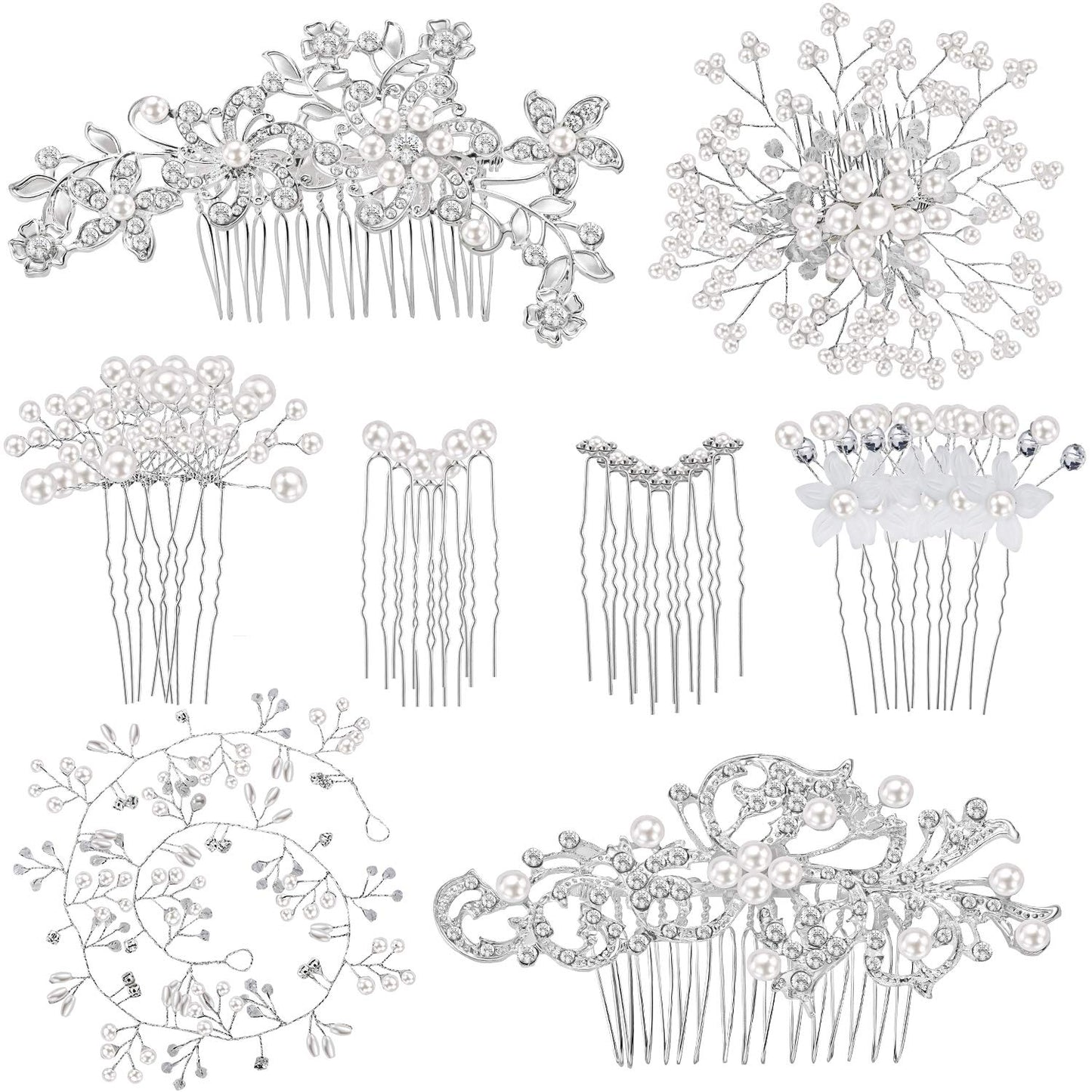 Maitys 44 Pieces Wedding Hair Accessories Faux Pearl Crystal Comb Clips U-shaped Flower Rhinestone Silver Pearl Hair Pieces for Prom Bride Bridesmaid(Delicate Style)