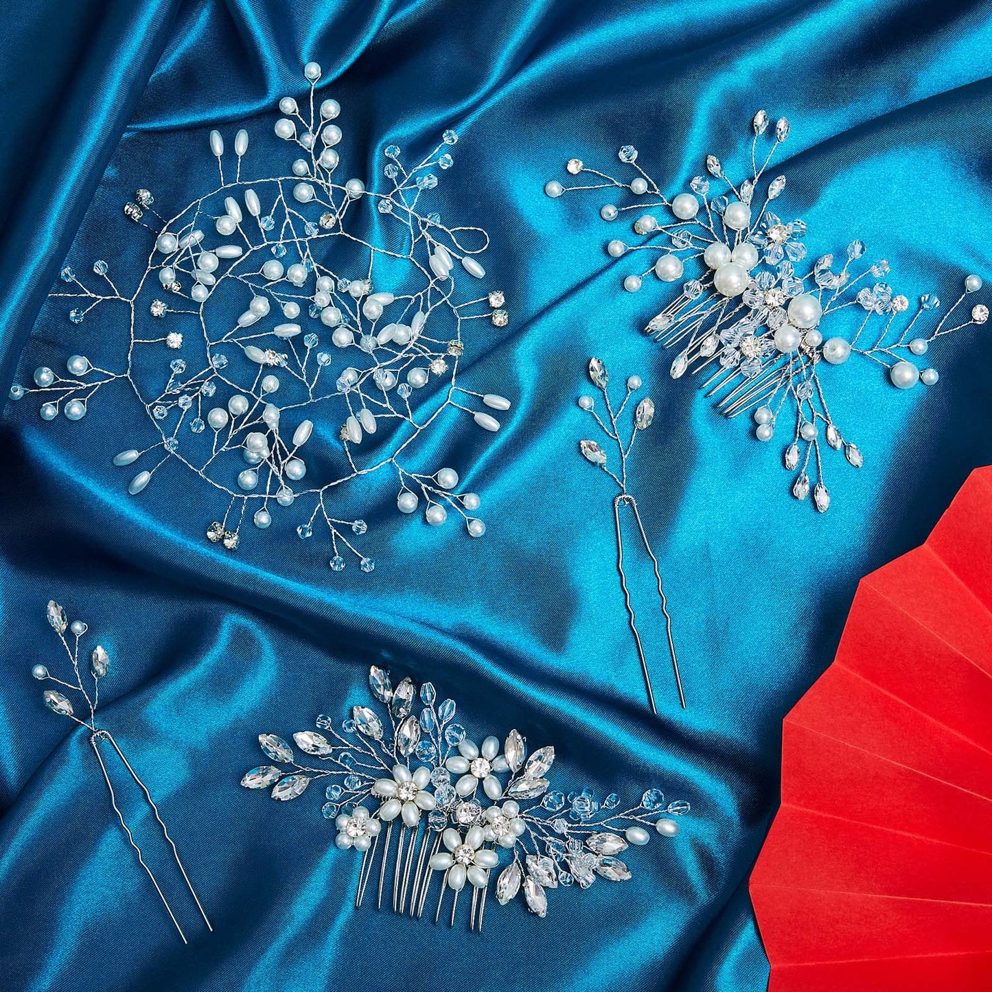 Maitys 44 Pieces Wedding Hair Accessories Faux Pearl Crystal Comb Clips U-shaped Flower Rhinestone Silver Pearl Hair Pieces for Prom Bride Bridesmaid(Delicate Style)